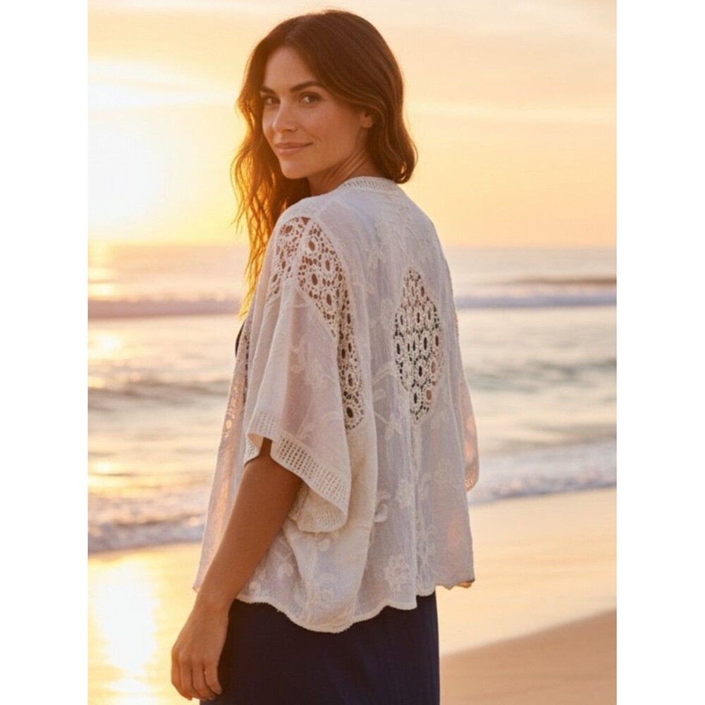 Lulla Collection Ivory Lace Crochet Kimono Open Cardigan Boho Fairy Coasal OS